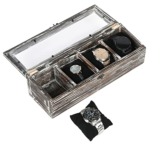MyGift Deluxe Watch Box, 4 Slot Torched Wood Watch Case with Premium Clear Acrylic Lid, Latch Lock and Removable Black Watch Pillows, Jewelry Display Case for Mother’s Day