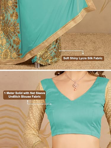 Image of TRENDMALLS Women's Lycra Embroidery With Stone Work Saree with Unstitched Blouse