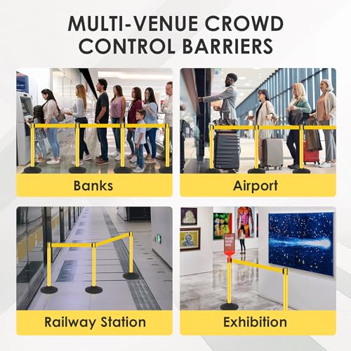 Image of 12 Pack Stanchions with Retractable Belts - Heavy Duty Crowd Control Barriers with Weighted Rubber Base, Retractable Belt Stanchions for Queue Line, Events, Public Safety(Yellow,12 Pack)