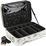 DEAYOU Travel Makeup Case Bag, Large Makeup Train Case, 3-Layer Portable Cosmetic Storage Bag with Adjustable Divider and Shoulder Strap for Professional, Makeup Brush, 15", Marble Pattern