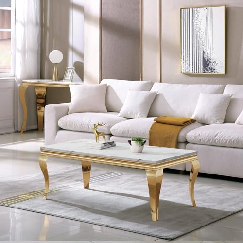 Image of Luxury Marble Coffee Table, Premium White Faux Marble Top, Gold Stainless Steel S Legs, 47 inch Rectangular Living Room Center Table, Modern Coffee Tables for Living Room, Apartment, Home Decor