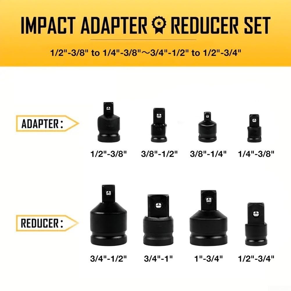 Juego de 8 Adaptadores de Cromo Vanadio Negro para Herramientas Neumáticas y Eléctricas con Estuche Organizador 19x15cm