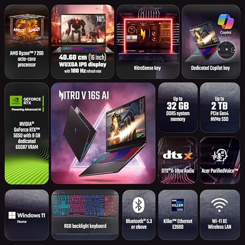 Image of acer Nitro V 16S AI, AMD Ryzen 7 260 Octa-core Processor, RTX 5050-8 GB GDDR7, 16 GB /1 TB,WUXGA IPS, 16.0 inch /40.64 cm, 180 Hz, Win 11 Home, Obsidian Black, 2.1 kg, ANV16S-41, RGB KB, Gaming Laptop