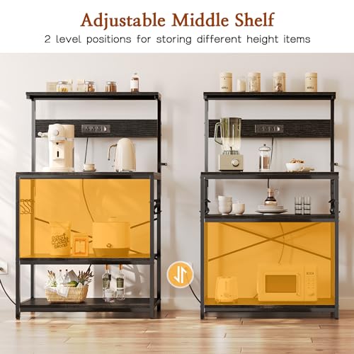 SUPERJARE Kitchen Bakers Rack with Power Outlet, Coffee Bar Table 4 Tiers, Kitchen Microwave Stand with 6 S-Shaped Hooks, Kitchen Storage Shelf Rack for Spices, Pots and Pans - Image 5