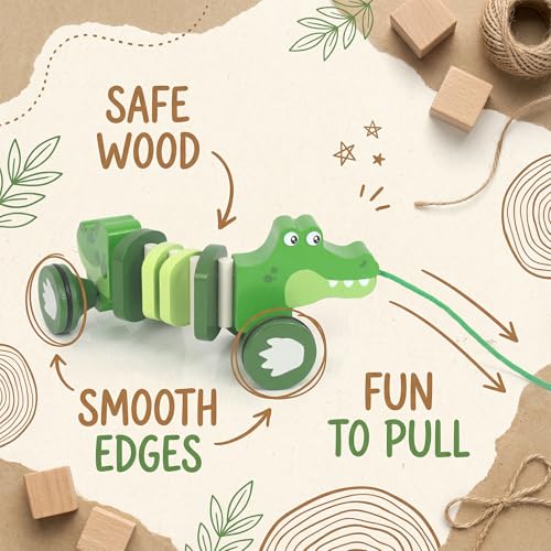 Image of Baby Toys Car,Wooden Pull Along Toddler Toy, Developmental Toy for 1 Year Old Girl Boy Birthday Gift (Crocodile)