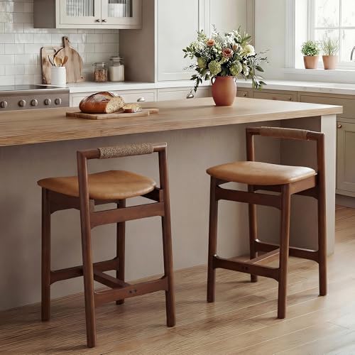 Image of Zesthouse Wood Bar Stools Counter Height Set of 2, 26 inch Mid Century Modern Kitchen Island Chairs with Woven Paper Cord Accent Backs & Solid Wooden Legs, Boho Counter Stools, Brown Leather+Walnut Finish