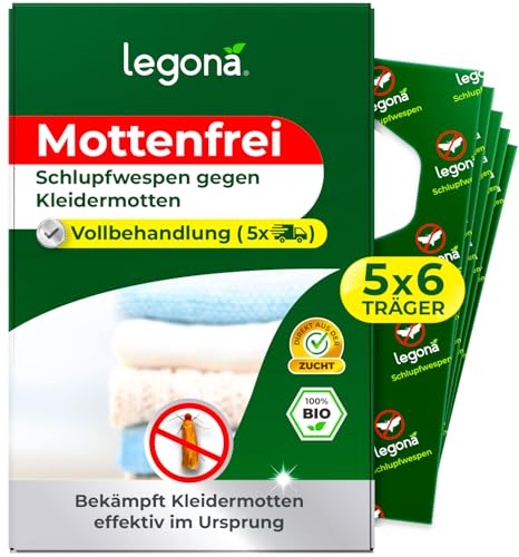 Legona Schlupfwespen gegen Kleidermotten | 6 Träger à 5 Lieferungen | Effektiv Kleider Motten bekämpfen | Alternativer Mottenschutz für Kleiderschrank Mottenfalle Kleidermotten Mottenspray