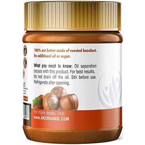 AKI Natural Hazelnut Butter Nut Unsweetened Sugarfree No Added Salt or Oil Low Sodium Vegan Keto Paleo Low Carb 1 Ingredient Pure Roasted Hazelnuts No Additives Great Dose of Proteins & Healthy Fats