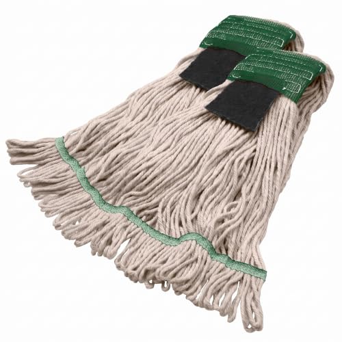 SPARTA Flo-Pac Acrylic Mop Head, Loop-Ended, Wide Band with 5" Green Band with Scrubber for Organized Cleaning, Medium, Natural (Pack of 2)