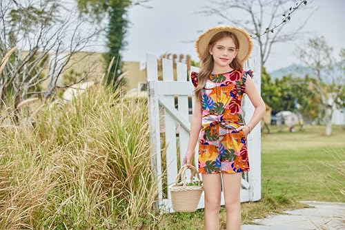 Image of Arshiner Girls Shorts Sets 2 Pieces Outfits Twist Front Ruffle Sleeve T-Shirts and Shorts With Pockets Cute Clothes Sets