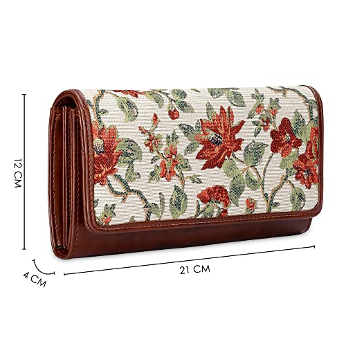Image of THE CLOWNFISH Sharon Collection Tapestry Fabric & Faux Leather Snap Flap Closure Womens Wallet Clutch Ladies Purse with Multiple Card Holders (Off White-Floral)