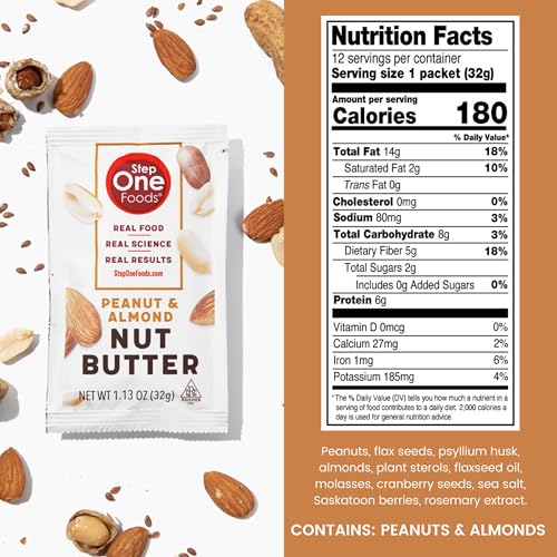 Step One Foods, Peanut & Almond Nut Butter, Spreadable Squeeze Packets, Gluten Free, Non-GMO, Clinically Proven to help Lower Cholesterol, 1.1oz (12 Pack)