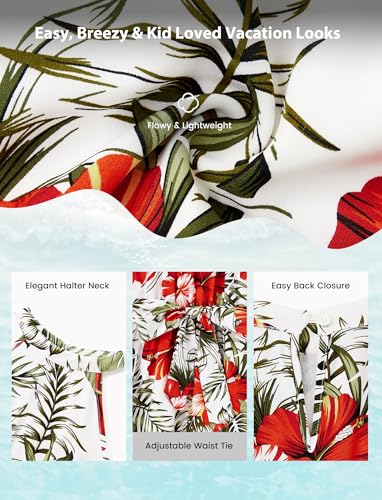 Image of PATPAT Family Matching Beach Outfits Mommy and Me Hawaiian Dress Boho Tropical Palm Leaf Print Floral Halter Maxi Sundresses Red Flower Vacation Cocktail Hawaiian Dresses for Toddler Girl 3t 4t