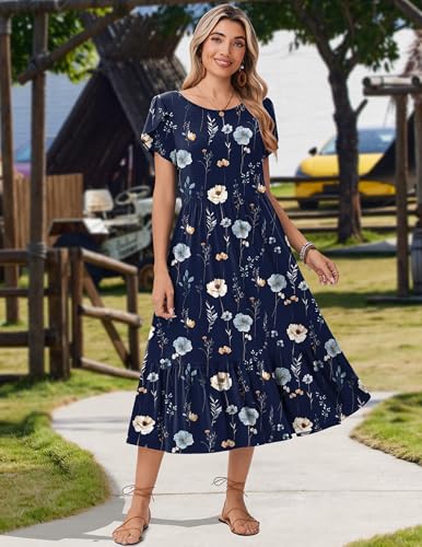 Image of Zeagoo Women Summer Midi A Line Dress Short Sleeve Casual Flowy Tiered Beach Long Sundress with Pockets 2026 Vacation Travel