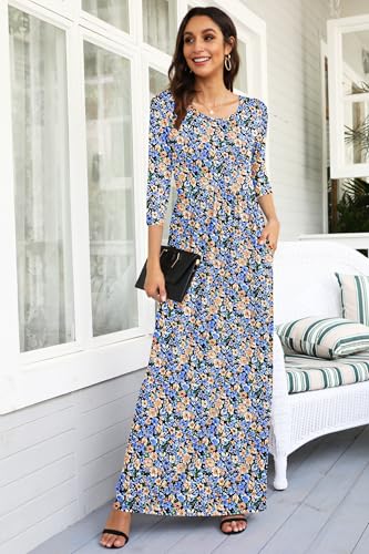 Image of WNEEDU Women's 3 /4 Sleeve Casual Loose Long Maxi Dresses with Pocket | Empire Elastic Waist, Crewneck, Floor Length, Soft Stretchy Flowy, Formal Dress, Wedding Wear, Solid Color and Prints
