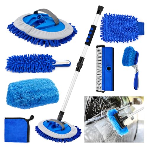 Farafox Car Cleaning Kit - 62'' Car Wash Brush with Long Handle,Complete Car Cleaning Brush Kit Microfiber Cleaning Head & Extra-Thick Aluminum Extension Pole for Car, Truck, SUV, RV