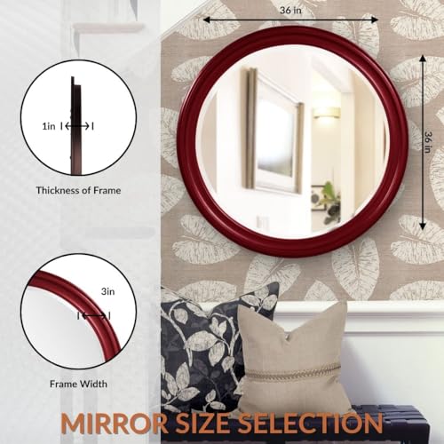 Image of Howard Elliott Collection George Round Glossy Burgundy Wall Mirror, Bevelled Vintage Hanging Wood Framed Vanity Mirrors for Home Decor, Living Room, Bathroom, Bedroom, or Hallway, 36 Inch Round