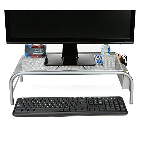 Mind Reader Monitor Stand, Laptop Riser with 2 Storage Compartments, Metal Mesh, Silver