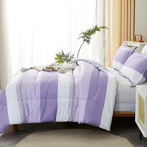 Litanika Lavender Comforter Set King - 3 Pieces Lightweight Lavender Purple White Colorblock Stripe Fluffy Bedding Comforter Sets, All Season Bed Set