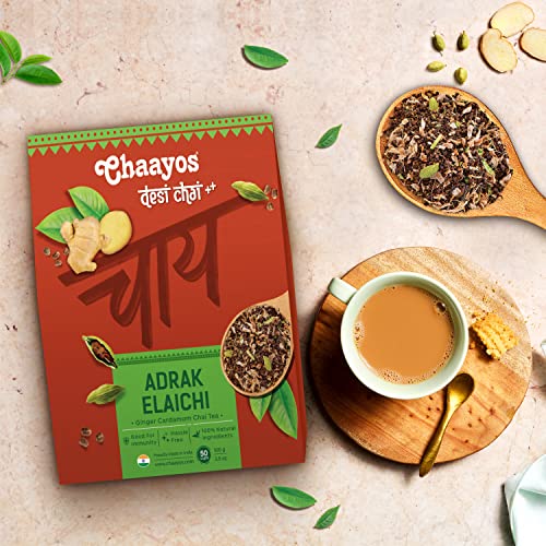 Image of Chaayos Adrak Elaichi Tea (Ginger and Cardamom) - Premium Desi Chai Patti for Authentic Masala Flavour | Immunity Booster- 100g [50 Cups]