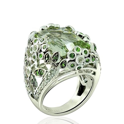 Image of Sterling Silver 925 Ring Genuine GEMS Octagon 16X12 mm 11 Cts Rhodium-Plated Finish Baroque Style