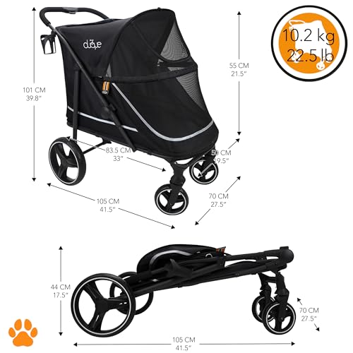 MY DUQUE – Hundebuggy Hundewagen CHAMP – XL Buggy große Hunde, geräumig, Haustierwagen, Katze, Hund, Zusammenfalten, inkl. Regencover, Getränkehalter, Stauraum, max. Last 50kg/110lb, Schwarz