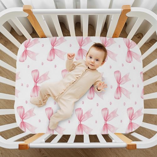 Image of Caikeny Fitted Crib Sheet for Boys Girls Coquette Polka Dots Pink Bow Baby Crib Sheets Bassinet Sheets Crib Mattress Bed Sheets for Toddler Newborn Infant 52 X 28 in