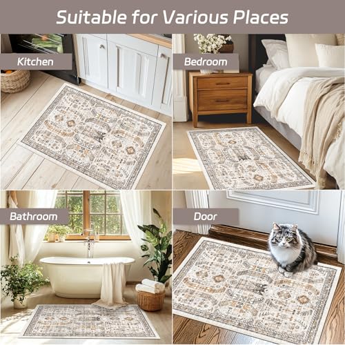 Madane Washable Area Rug 2x3, Small Entryway Rug Non-Slip Vintage Door Mat Indoor Entrance, Low Pile Floor Carpet for Inside Front Door Bedroom Kitchen Entry Laundry (2'x3', Brown/Gold)