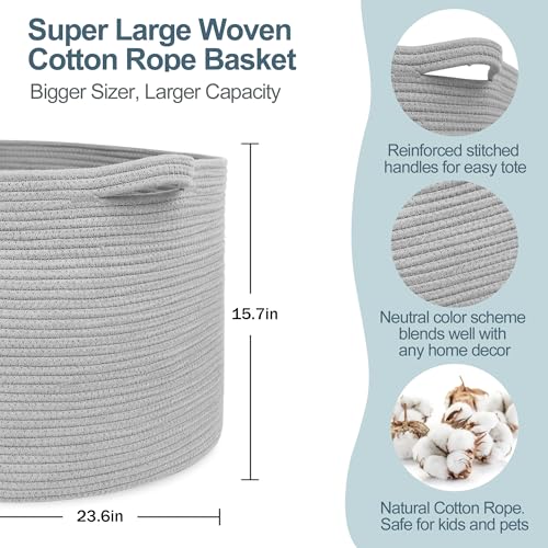 Image of MEGASKET 115L Super Large Gray Blanket Basket, 23.6 inchx15.7 inch Woven Cotton Rope Storage Basket for Laundry, Towel, Pillow, Oversized Kids Dog Toy Storage Bin, Grey XXXL Blanket Holder for Living Room