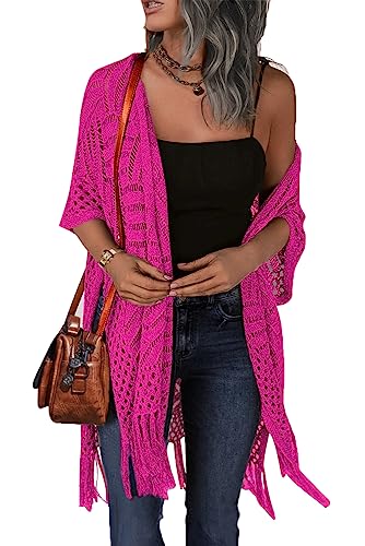 Image of HOTOUCH Womens Knit Cardigan Open Front Outwear Hollow Out Crochet Tassel Lightweight Kimonos Sweater S-XXL