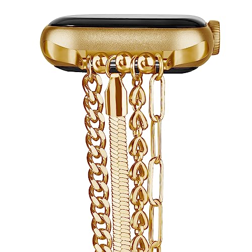 QINGQING Chain Bracelet Compatible for Apple Watch Band 41mm 38mm 40mm, Women Fashion Slim Jewelry Dressy IWatch gold bands Series 9 8 7 SE 6 5 4 3 Series 2 1 (38/40/41mm, Gold)