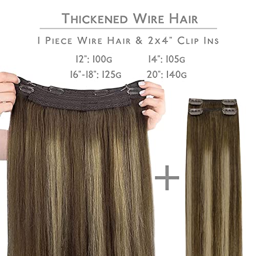 Image of WENNALIFE Wire Hair Extensions Real Human Hair 20 inch 140g Balayage Chocolate Brown to Caramel Blonde Remy Real Hair Extensions Invisible Wire Human Fish Line
