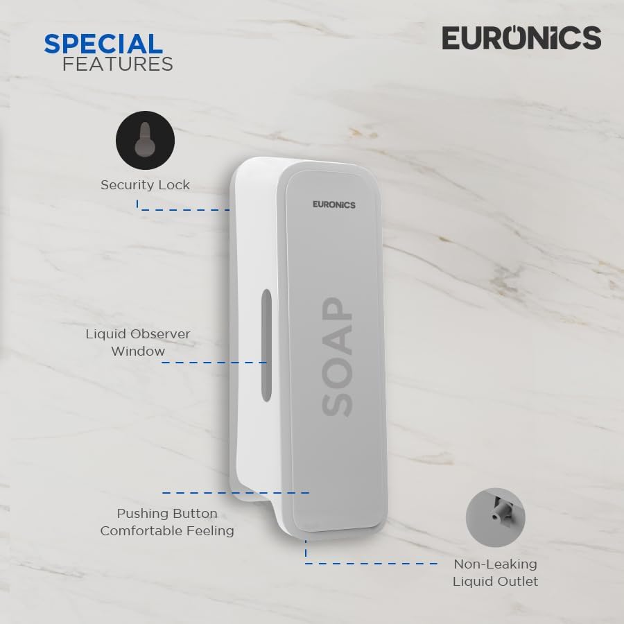 Image of Euronics EA51 300ml Manual Soap Dispenser Wall Mounted | ABS Plastic Refillable Gel & Liquid Soap Dispenser | Compact Hygienic Handwash Dispenser for Bathroom, Kitchen, Office & Hotel | White