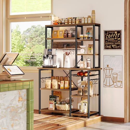 SUPERJARE Large Bakers Rack with Power Outlets, 6-Tier Microwave Stand, Coffee Bar with 12 S-Shaped Hooks, Kitchen Shelf with Wire Basket, 39.3 x 15.5 x 66.9 Inches, Rustic Brown