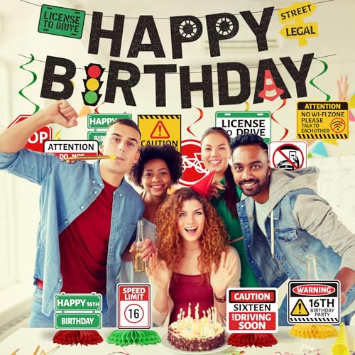 Image of Driver License Birthday Party Decorations - 14PCS 16th Birthday Banner with Hanging Swirls Party Decoration Boys Car Theme Honeycomb Centerpieces Decor for Boys