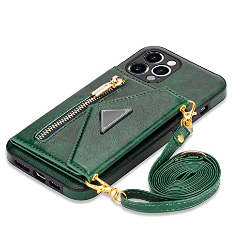 Étui portefeuille zippé pour iPhone 11 Pro avec lanière bandoulière en cuir vert