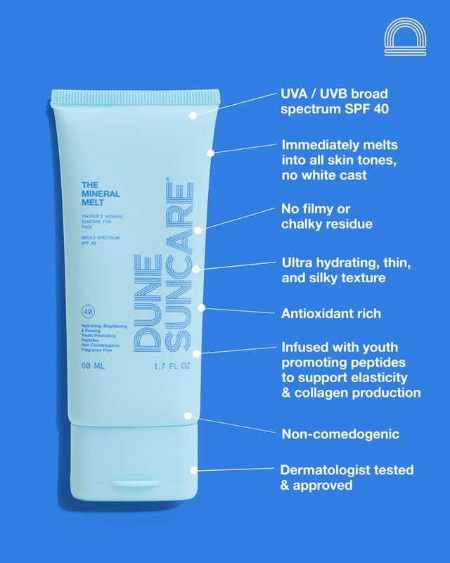 DUNE SUNCARE The Mineral Melt SPF 40 – Sheer Mineral Face Sunscreen, Broad Spectrum UVA/UVB, No White Cast, Fragrance-Free, Hydrating Anti-Aging Sunblock with Peptides & Vitamin E, 1.7 Fl Oz