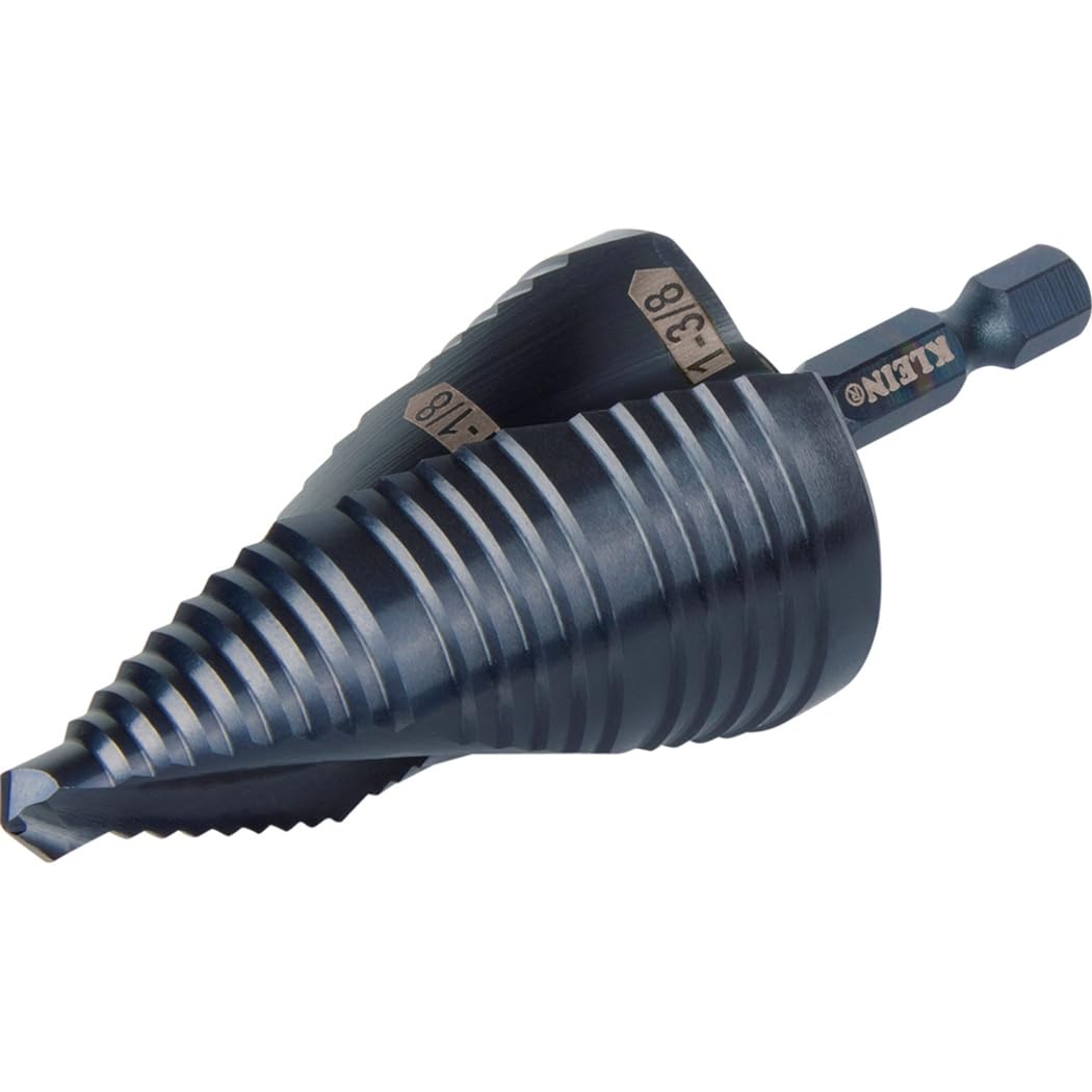 Klein Tools QRST15 wiertło stopniowe, spirala szybkiego uwalniania, podwójnie gwintowana, 7/8 do 1-3/8 cala, chwyt sześciokątny, stal cięta, drewno, plastik, aluminium