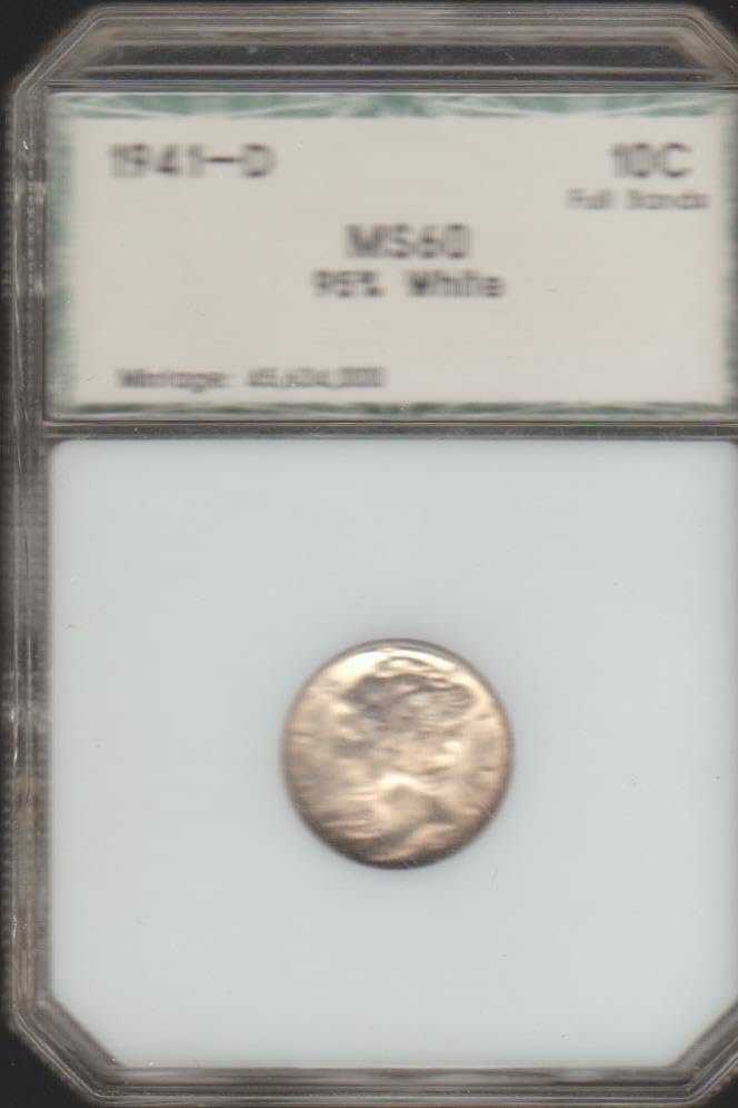 1941 D Winged Liberty Head or "Mercury" (1916-1945) (90% Silver) Dime MS60 PCI