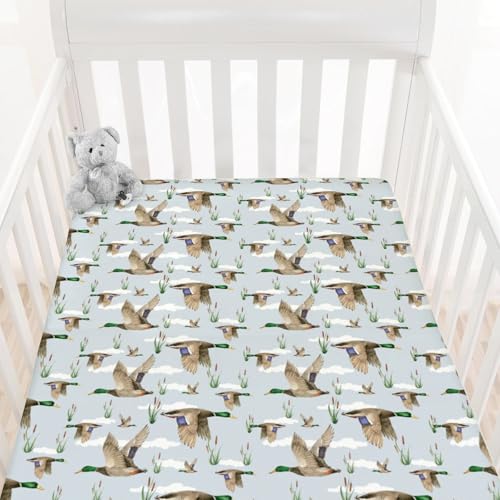 Image of HawSkgFub Duck Hunting Mallard Hunter Fitted Standard Crib Sheet for Baby Boy, Wild Animal Bird Reeds Blue Toddler Mattress Cover, Soft Breathable Stretchy Nursery Bed Sheets Decor Kids Gift 52" x 28"