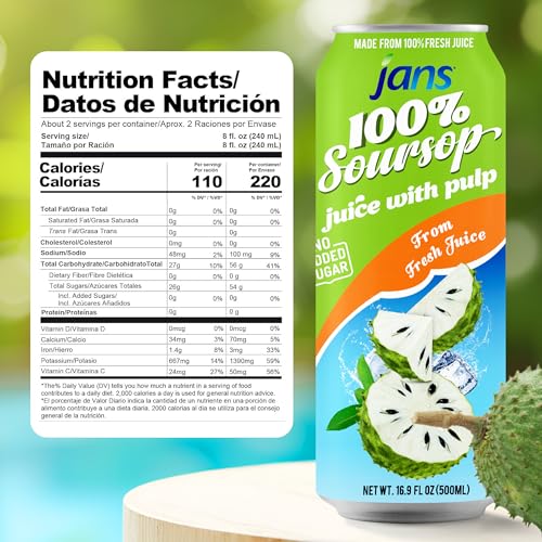Image of Soursop Juice with Pulp 16.9 oz (Pack of 6) Jans | 100% Pure Soursop Graviola Guanabana Juice | NO Sugar Added, NOT From Concentrate, Fat-Free, Cholesterol-Free, Refreshing Taste of the Tropics