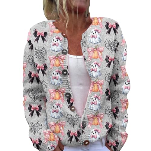 Cárdigan para mujer con estampado de calabaza espeluznante para Halloween, casual, suave, acogedor, con botones, suéter de manga larga, disfraces de vacaciones 2025, Ceniciento claro, L