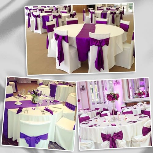 Image of 12Pack 12x108 Inch Satin Table Runner and 84 Inch Round Plastic Tablecloths Set White Purple Disposable Round Table Cover for Graduation Wedding Bridal Shower Anniversary Birthday Party Decorations