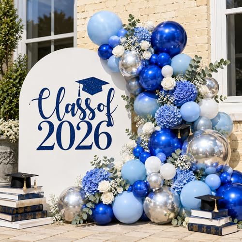 Image of Navy Blue Silver Balloons, 50 Packs 12 Inch Dark Pearl Blue Metallic Light Blue Balloon with Metallic Silver White Balloon for Birthday Graduation Wedding Bridal Baby Shower Party Decorations