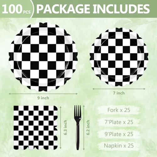Image of 100 Pcs Black Checkered Paper Plates and Napkins Disposable Set for Party