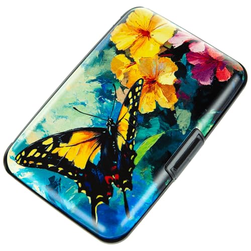 Image of Credit Card Holder, Metal Card Wallet RFID Blocking Mini Slim Aluminum Business Hard Card Case for Women Men (Flowers Butterfly)