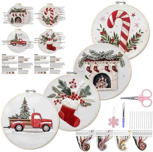 WKALXJ 4 Sets Christmas Embroidery Kits for Adults, Embroidery Kit for Beginners, Christmas Cross Stitch Kits for Beginners with Pattern, Needles, Threads, Tools (Candy Cane+Fireplace+Stocking+Truck)