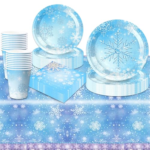 81Pcs Birthday Decorations Frozen Party Decorations Kids Party Tableware Set Snowflakes Theme Birthday Party Plates Cups and Napkins Tablecloth 20 Guests