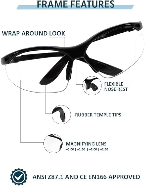 Safety Reading Glasses in Black Frame With Clear Lens - Full Lens Magnifying Safety Glasses - Comfortable Fit - Anti-Fog - Image 5