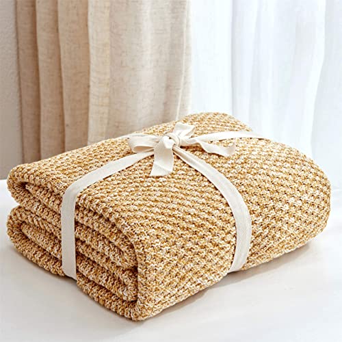 Longhui Bedding Gold Knitted Throw Blanket For Couch, Soft, Cozy Machine Washable 100% Cotton Sofa Blanket, Heavy 2.5Lb Weight, Laundry Bag Included, Mustard Yellow And White #TOP6